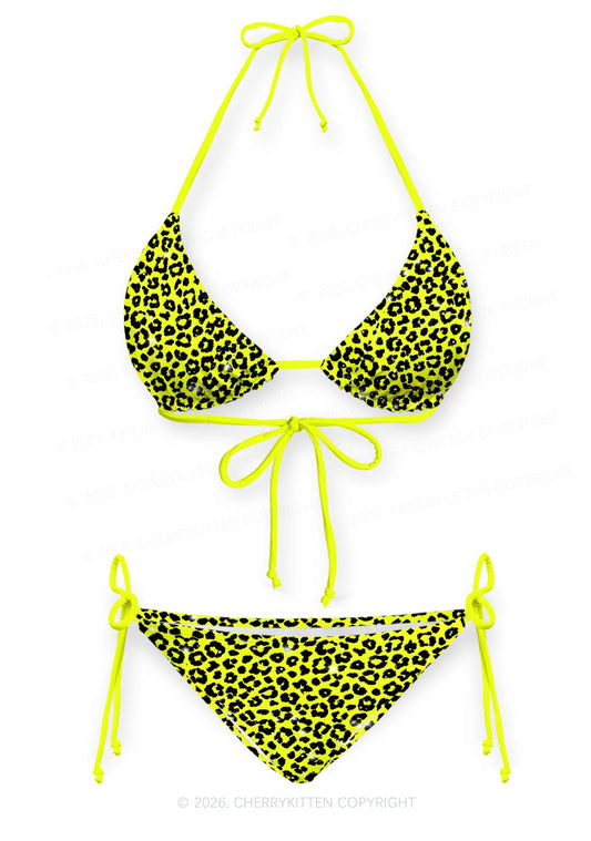Lime Yellow Leopard Y2K Print Bikini Set Cherrykitten