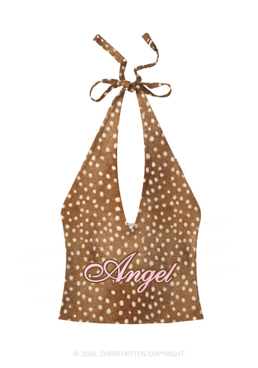 Angel Deer Spots Y2K Print Halter Deep V Neck Cami Cherrykitten