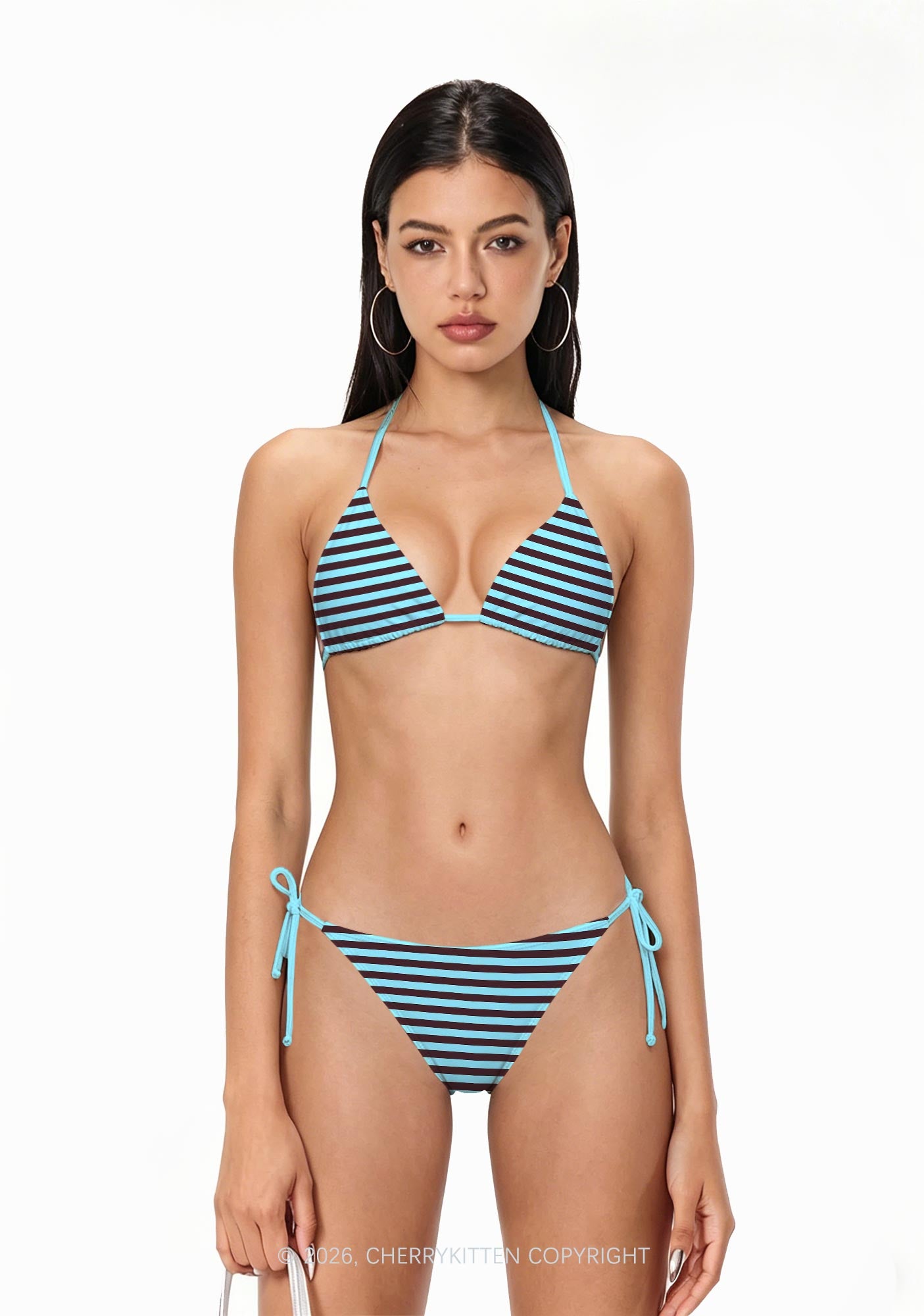 Blue Brown Stripes Y2K Print Bikini Set Cherrykitten