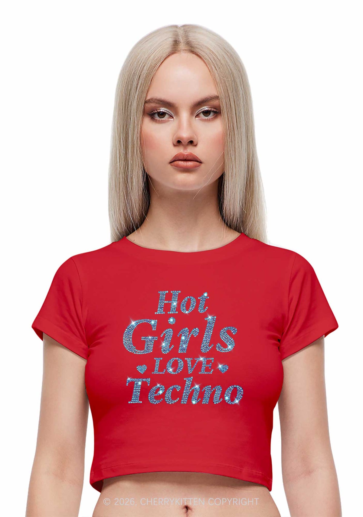 Rhinestone Blue Hot Girls Love Techno Y2K Baby Tee Cherrykitten