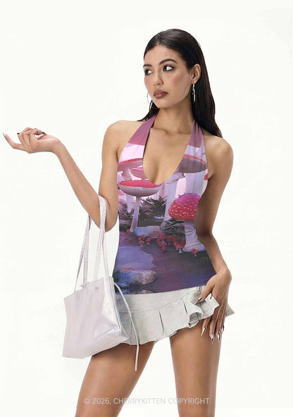 Pink Mushroom Y2K Print Halter Deep V Neck Cami Cherrykitten