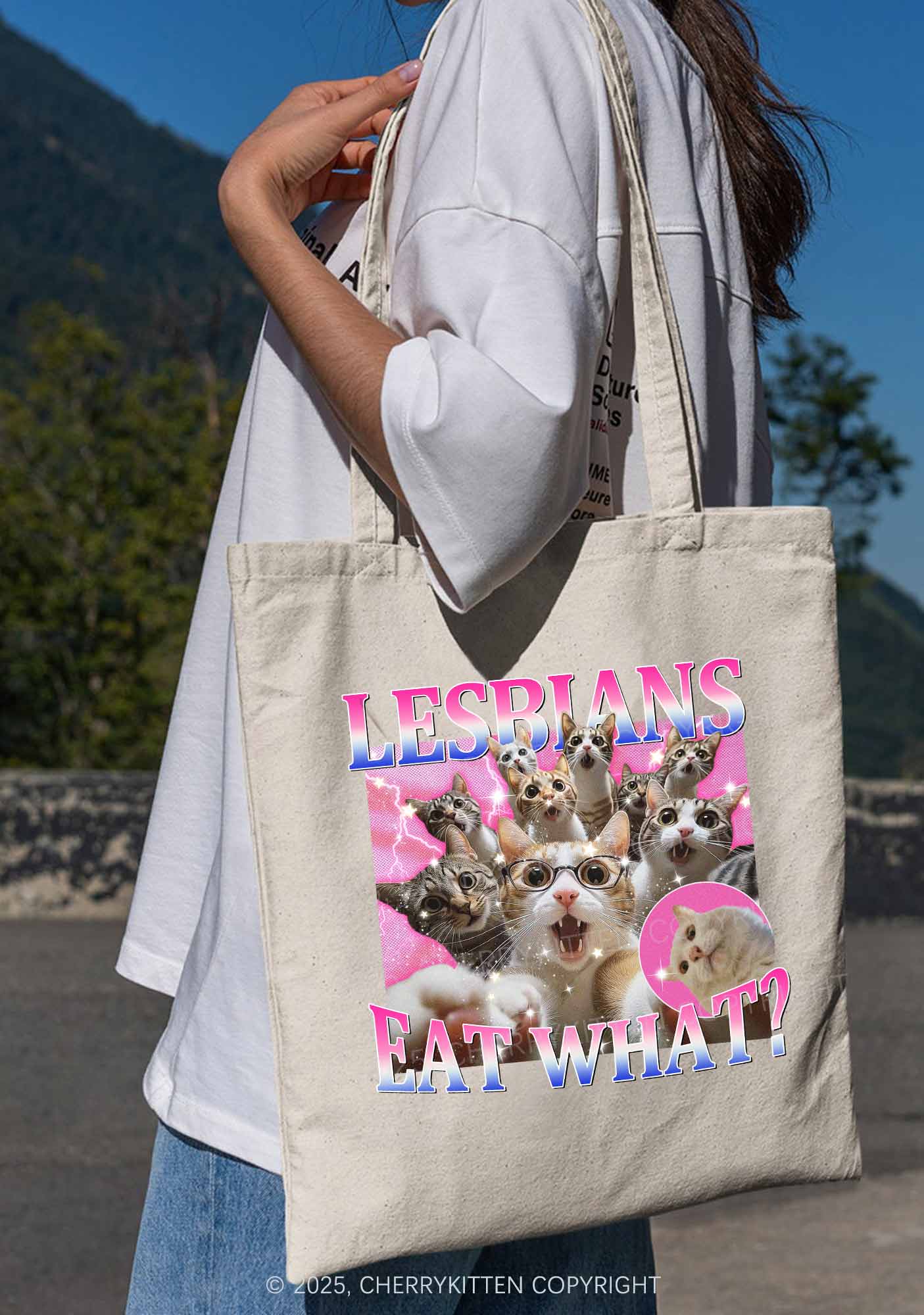 Lesbians Eat What Cat Pride Y2K Canvas Tote Bag Cherrykitten