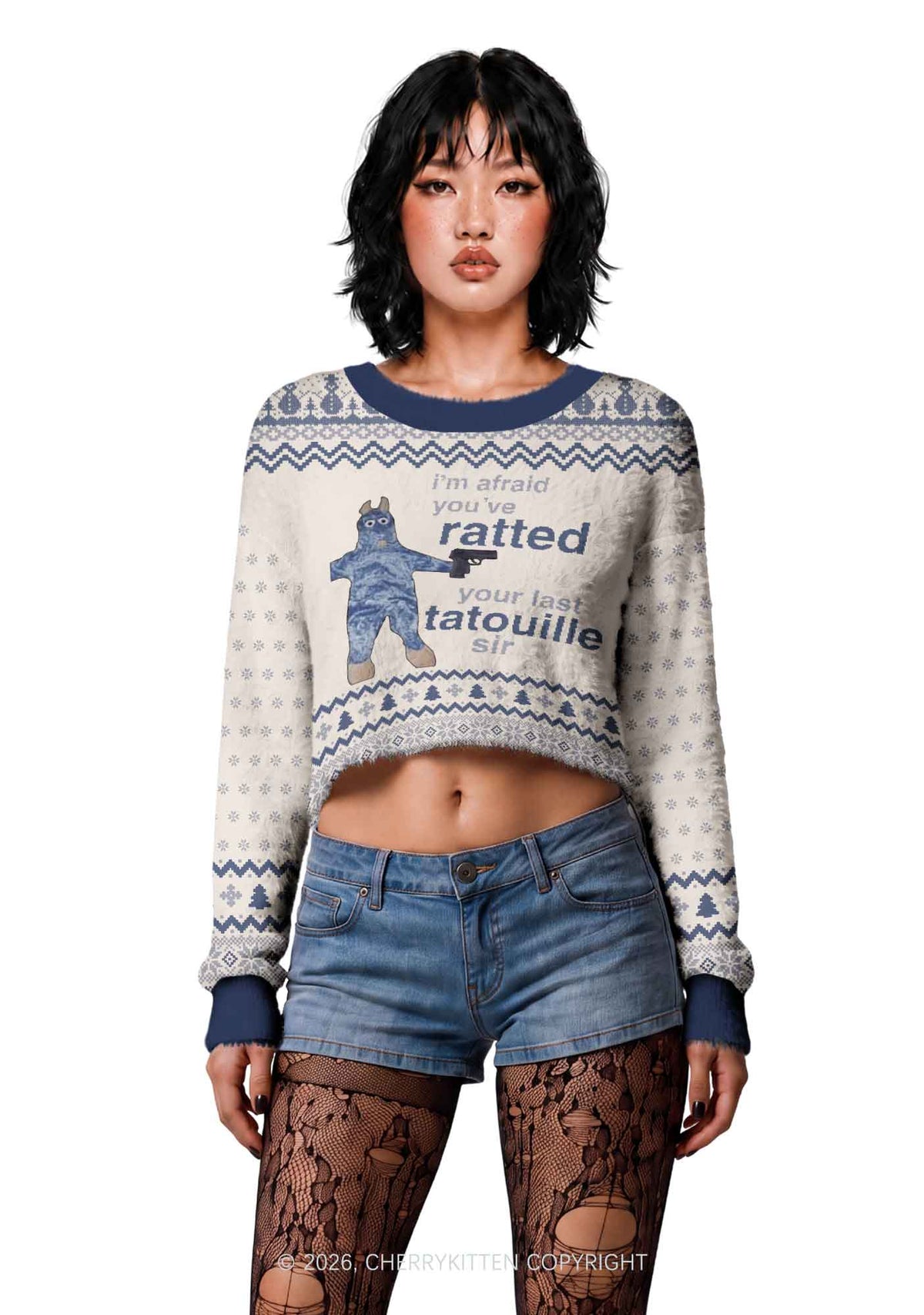 Ratted Last Tatouille Y2K Christmas Crop Knit Sweatshirt Cherrykitten