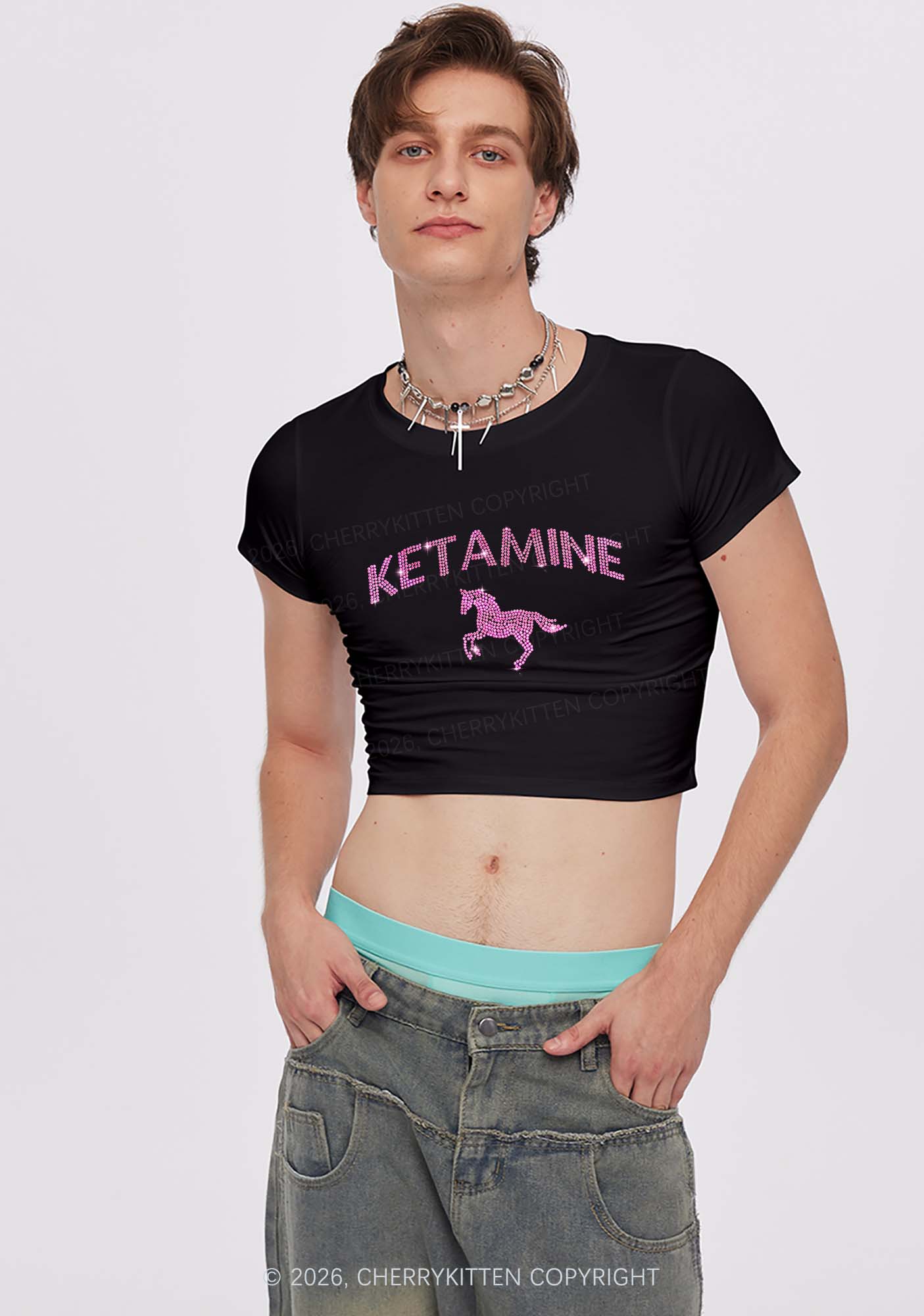 Rhinestone Pink K Unicorn Y2K Baby Tee Cherrykitten