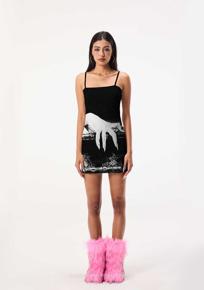 Halloween Black Vampire Claw Y2K Print Slip Dress Cherrykitten