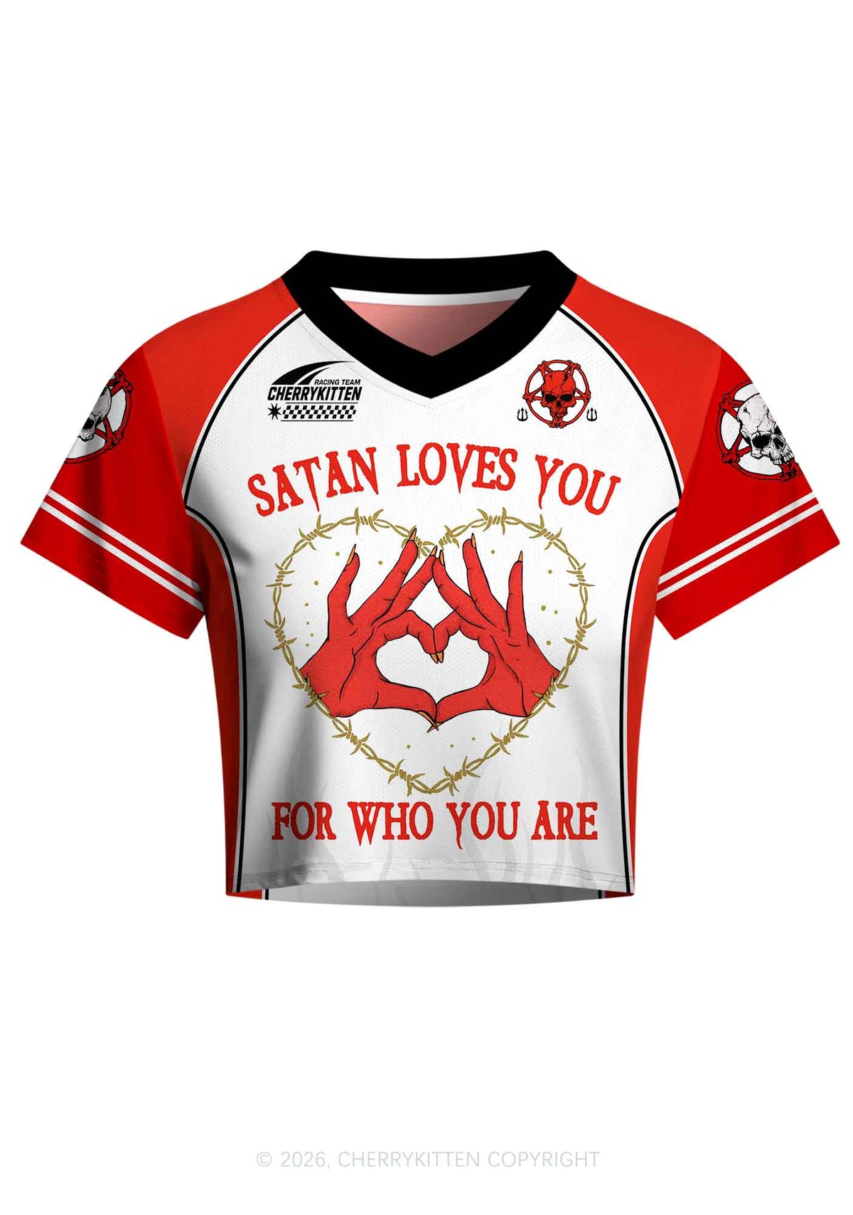 Halloween Satan Loves You Heart Y2K Crop Football Jersey Shirts Cherrykitten
