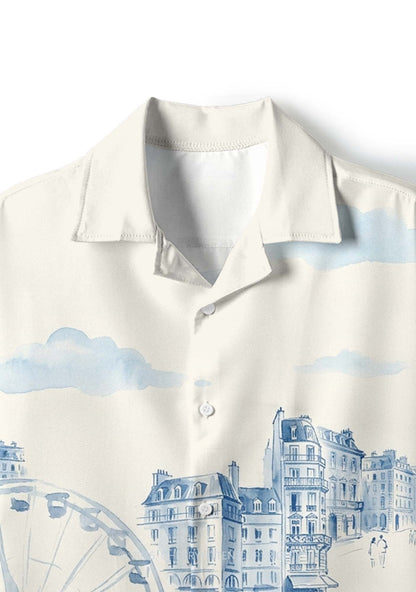 Blue Watercolor Cityscape Ferris Wheel Y2K Print Hawaiian Shirt Cherrykitten