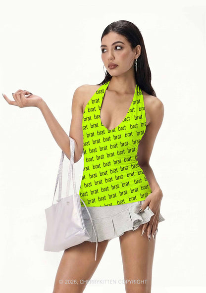 Brat Summer Y2K Print Halter Deep V Neck Cami Cherrykitten