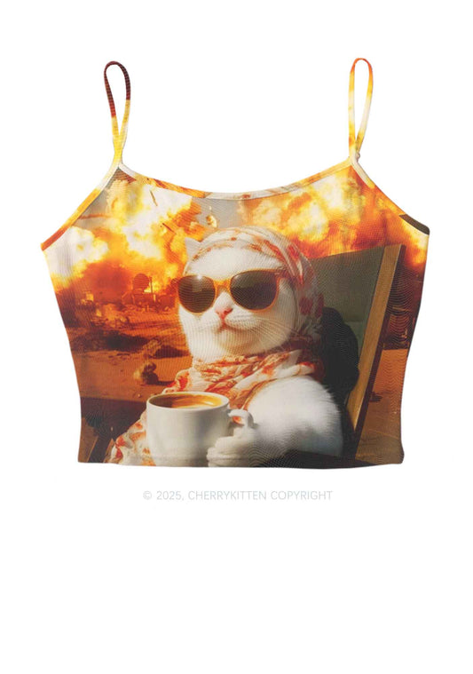 Cool Cat Enjoying Coffee Y2K Mesh Cami Tank Cherrykitten