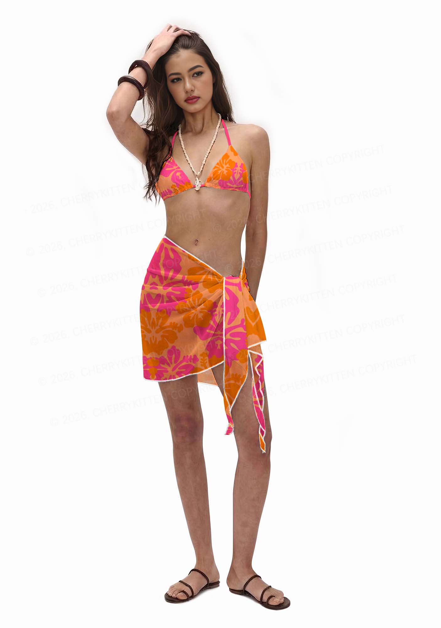 Orange Pink Floral Y2K Print Bikini Set Cherrykitten
