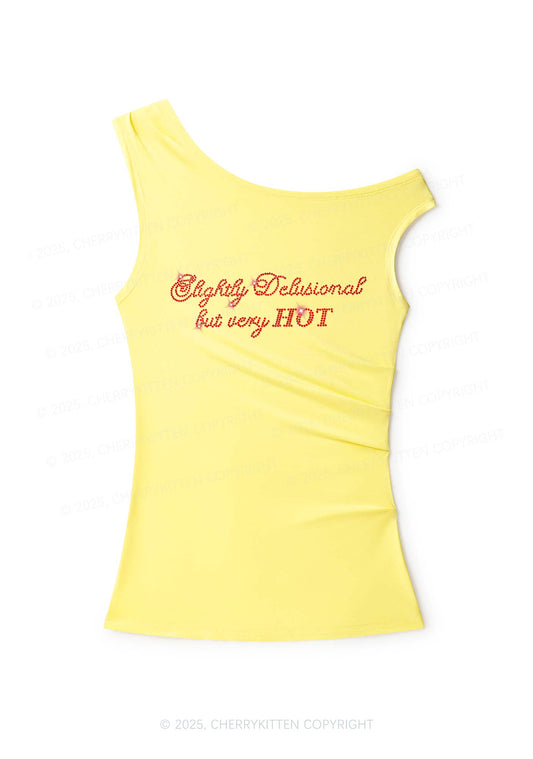 Rhinestone Slightly Delusional But Very Hot Y2K Off Shoulder Tank Top Cherrykitten