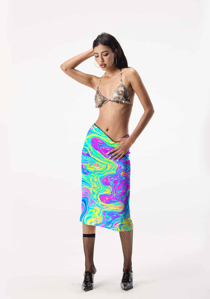 Rainbow Fluid Swirl Y2K Print Midi Skirt Cherrykitten