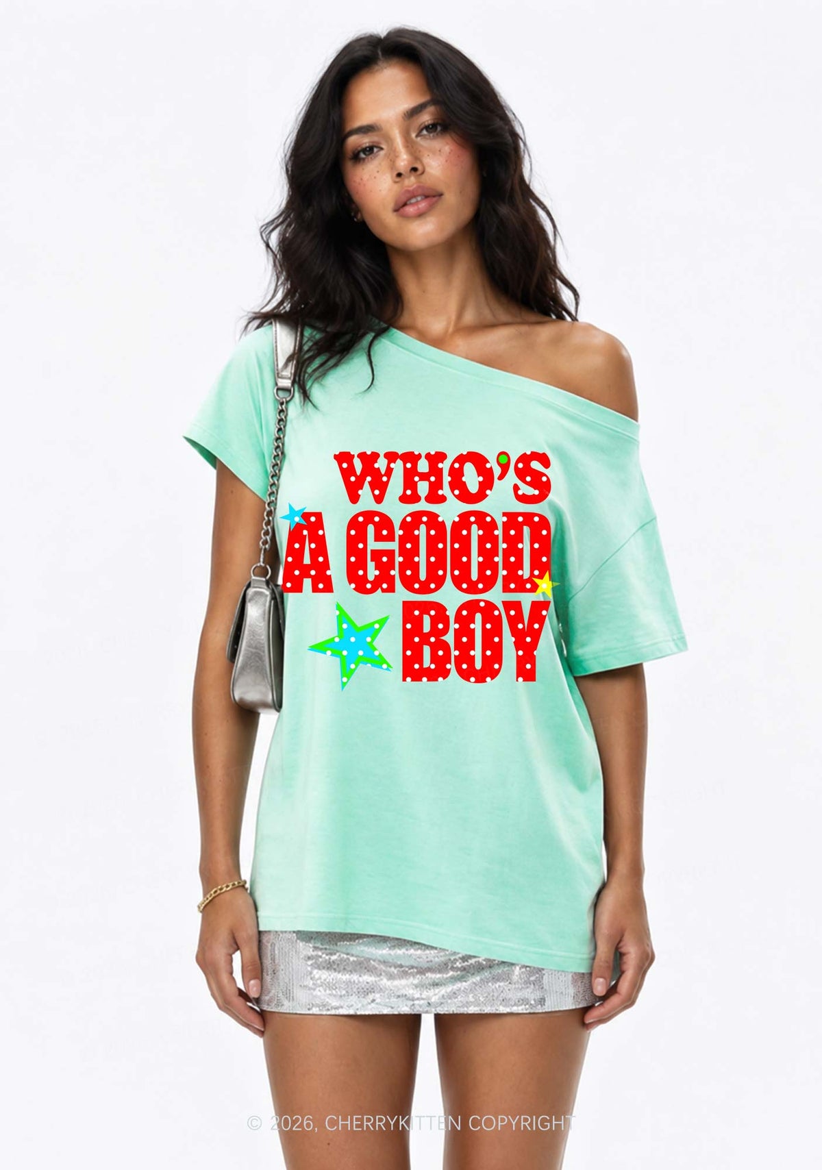 Whos A Good Boy Polka Dots Y2K Off Shoulder Tee Cherrykitten