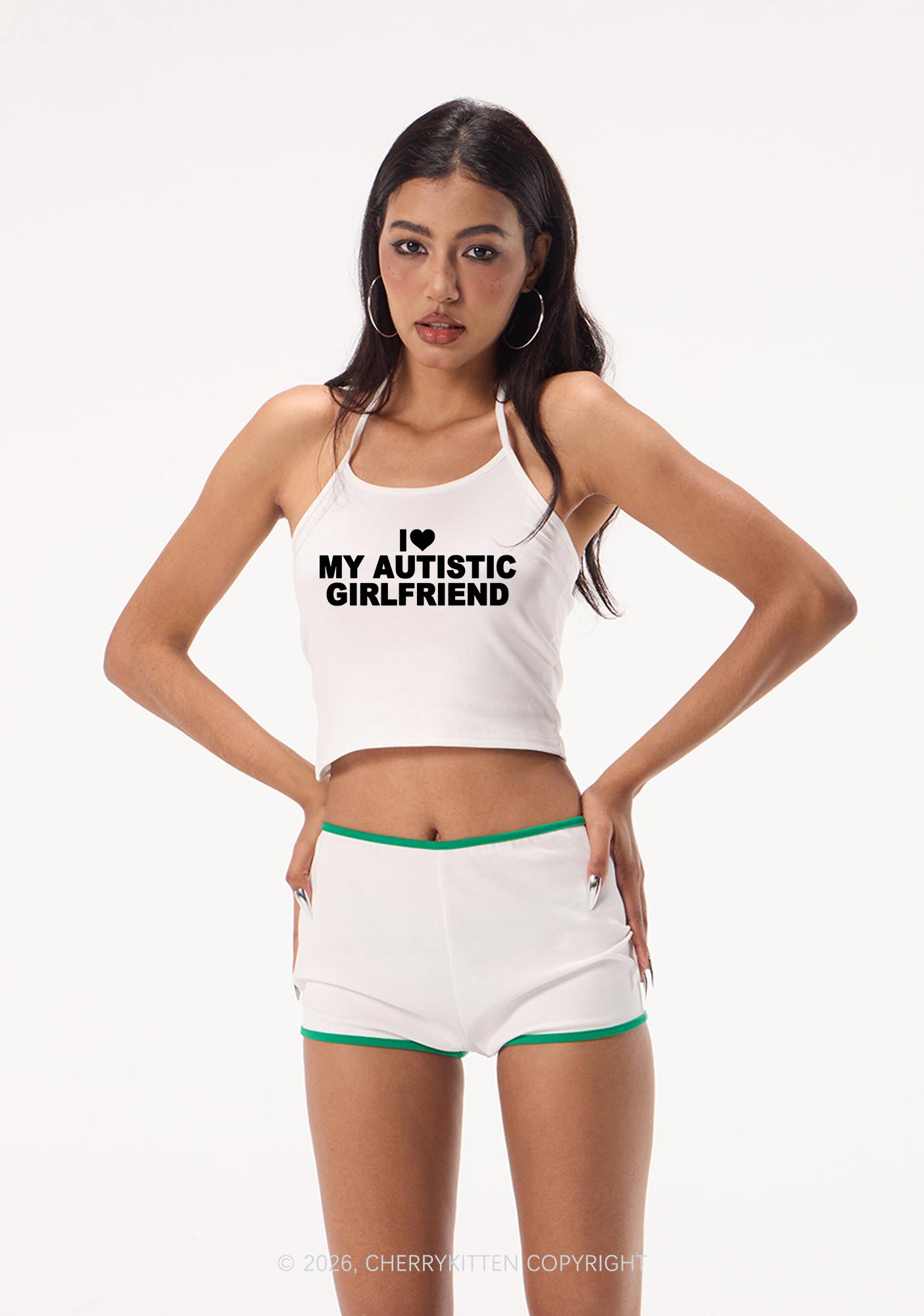 I Love My Autistic GF Valentine's Day Y2K Halter Neck Cami Cherrykitten