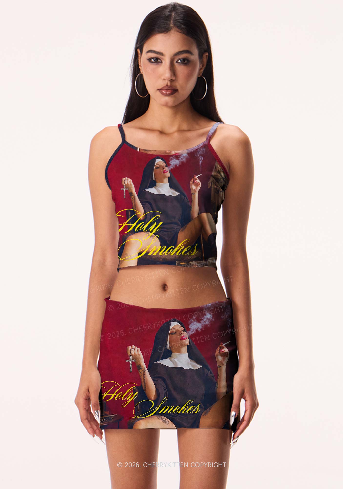 Holy Smokes Nun Y2K Print Mini Skirt Cherrykitten