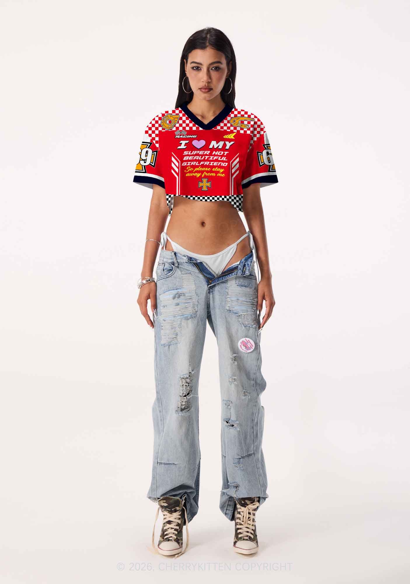 I Love My Super Hot GF Y2K Crop Sport Jersey Shirts Cherrykitten