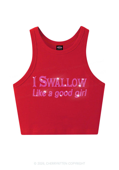 Rhinestone Swallow Like Good Girl Y2K Crop Tank Top Cherrykitten