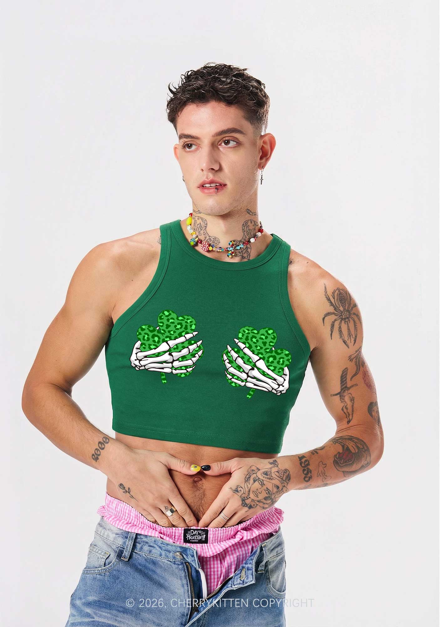 Skeleton Leopard Shamrock St Patricks Y2K Crop Tank Top Cherrykitten
