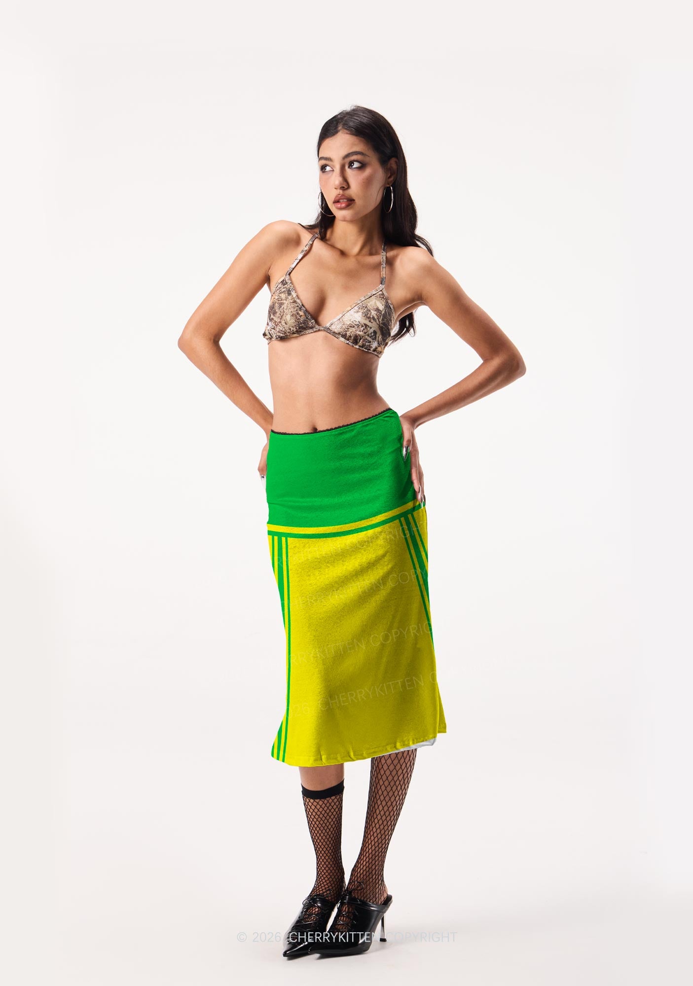 Yellow Green Flame Y2K Print Midi Skirt Cherrykitten