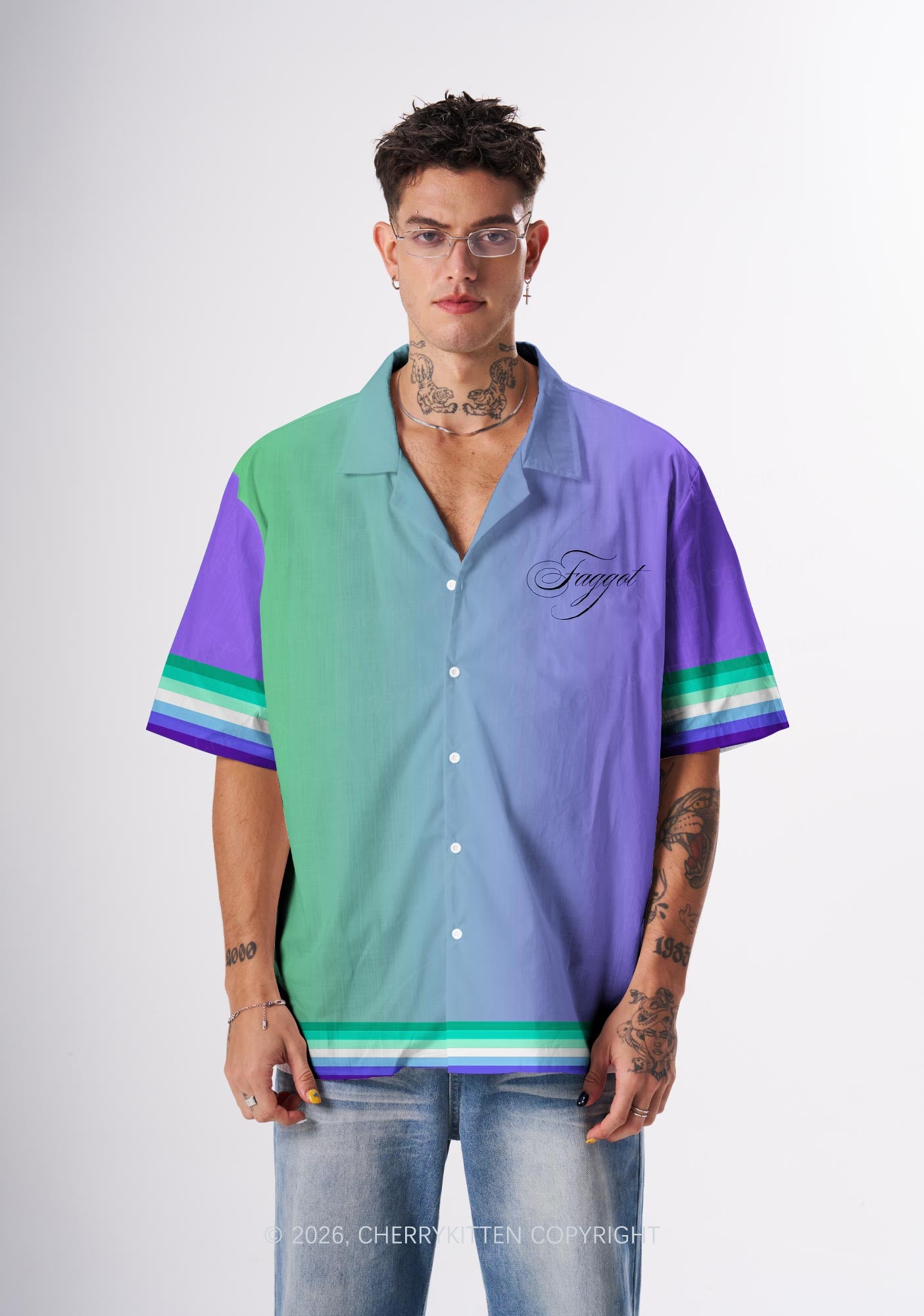 Faggot Gay Flag Gradient Pride Y2K Print Hawaiian Shirt Cherrykitten