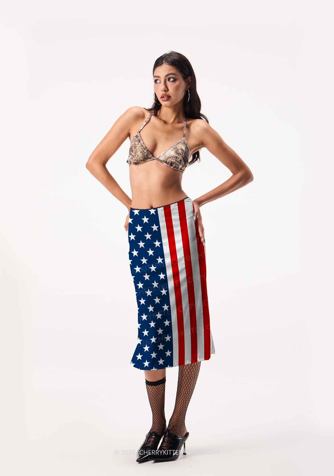 Navy Star Red White Stripe Y2K Print Midi Skirt Cherrykitten