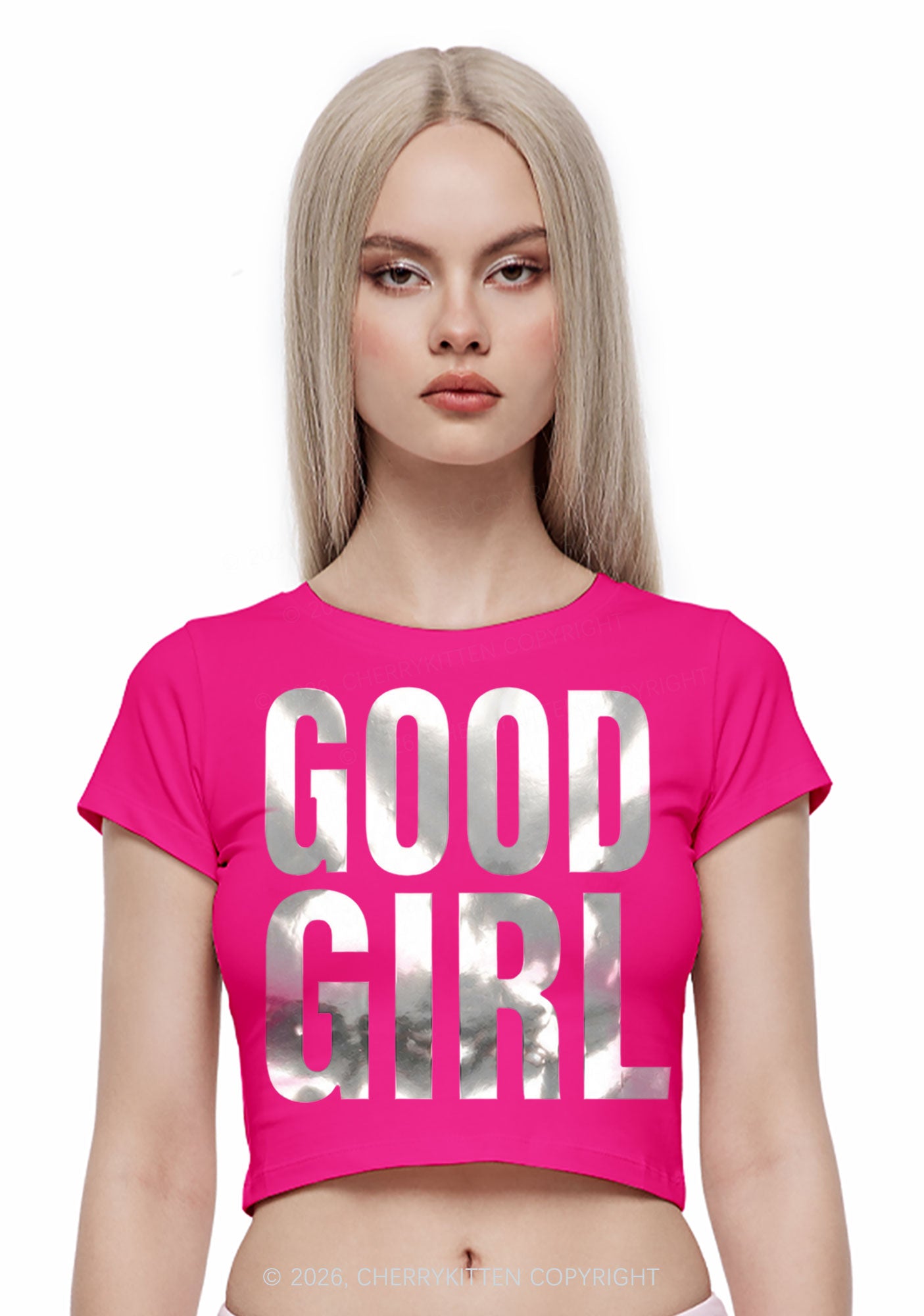 Good Girl Silver Foil Printed Y2K Baby Tee Cherrykitten