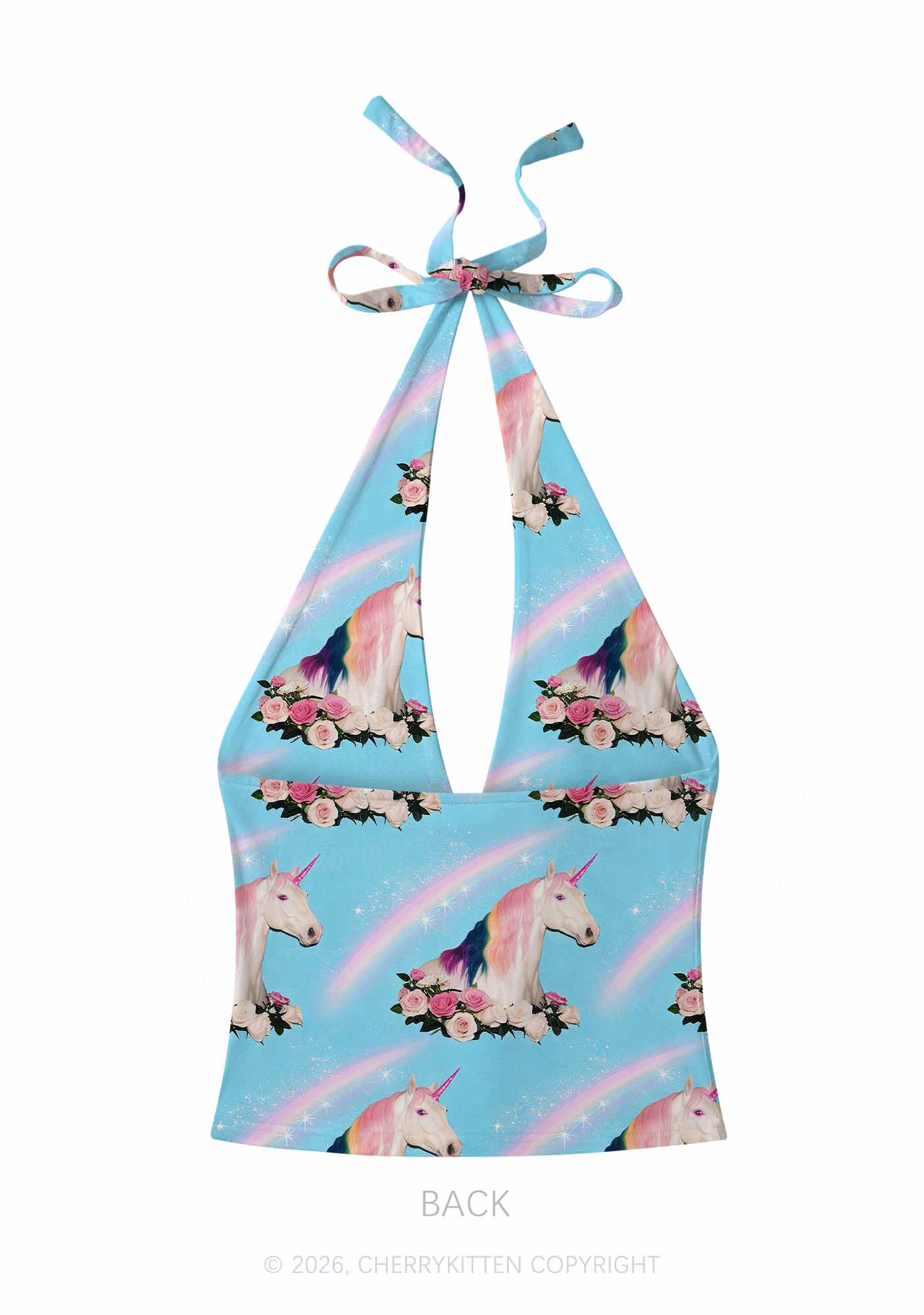 Blue Unicorn Y2K Print Halter Deep V Neck Cami Cherrykitten