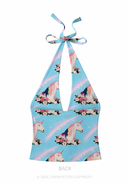 Blue Unicorn Y2K Print Halter Deep V Neck Cami Cherrykitten