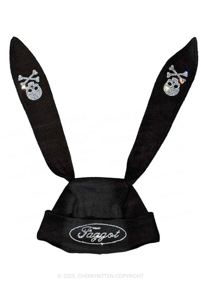 Rhinestone Faggot Pride Y2K Bunny Ear Knitted Hat Cherrykitten