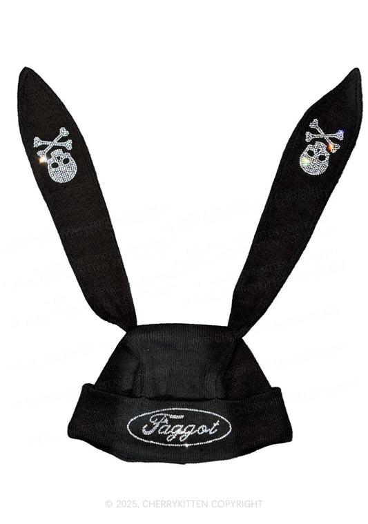 Rhinestone Faggot Pride Y2K Bunny Ear Knitted Hat Cherrykitten