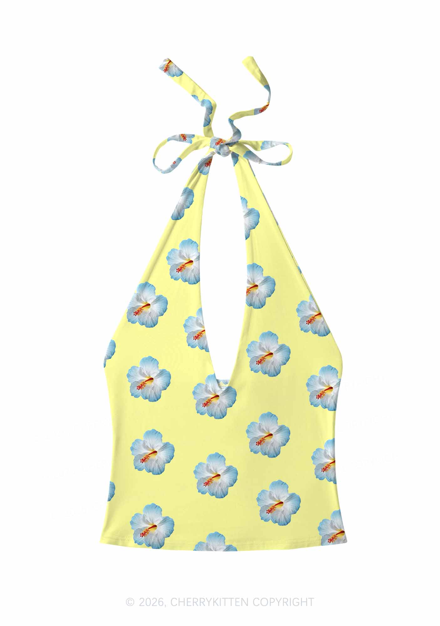 Pale Yellow Hibiscus Y2K Print Halter Deep V Neck Cami Cherrykitten