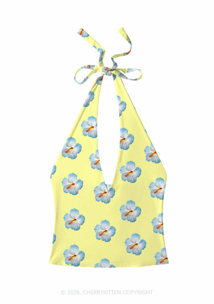Pale Yellow Hibiscus Y2K Print Halter Deep V Neck Cami Cherrykitten