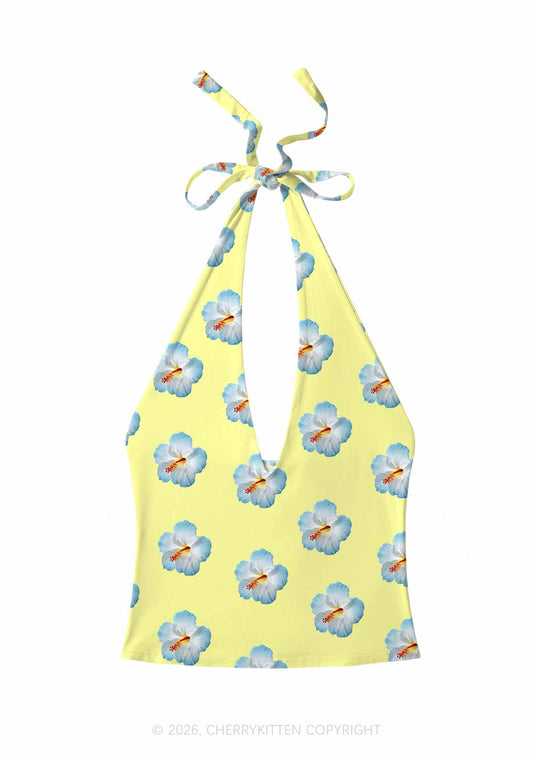 Pale Yellow Hibiscus Y2K Print Halter Deep V Neck Cami Cherrykitten