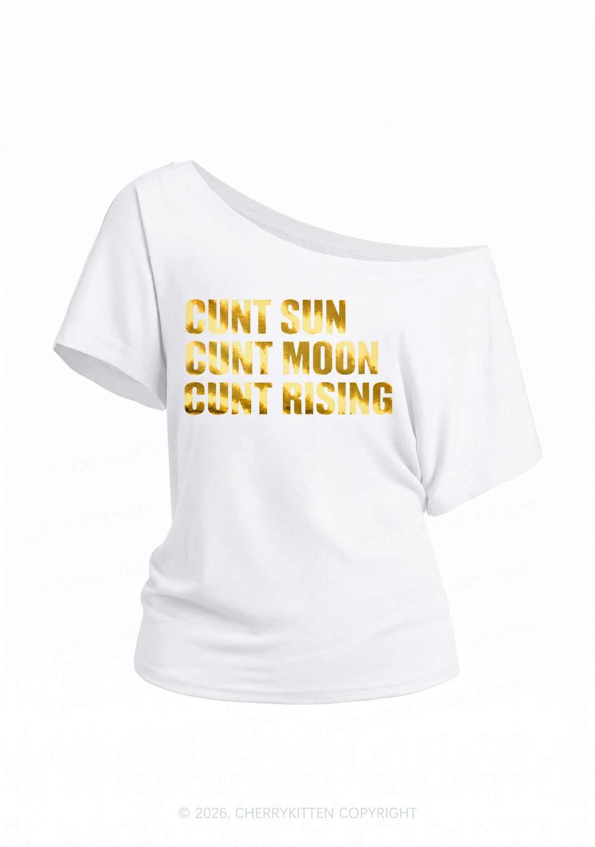 Cxxt Sun Moon Rising Silver Foil Printed Y2K Off Shoulder Tee Cherrykitten