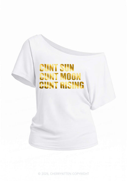 Cxxt Sun Moon Rising Silver Foil Printed Y2K Off Shoulder Tee Cherrykitten