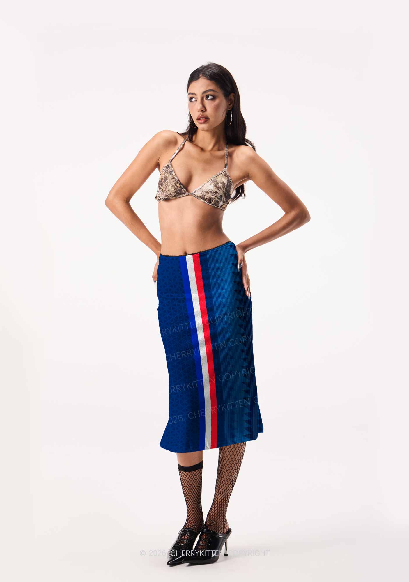 Red White Blue Stripe Y2K Print Midi Skirt Cherrykitten