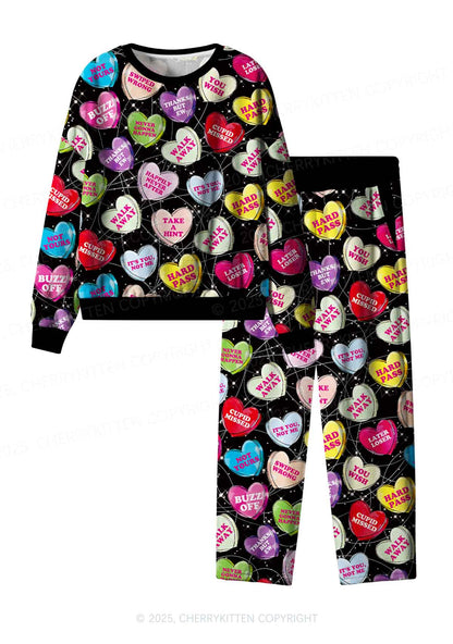 Anti Romantic Candy Y2K Valentine's Day Fleece Long Sleeve Pajama Set Cherrykitten