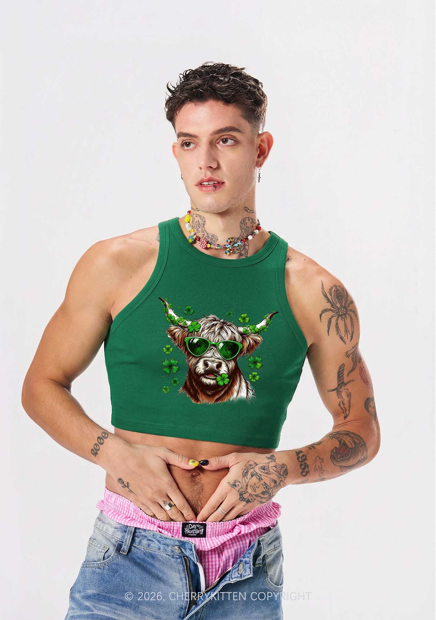 Highland Cow St Patricks Y2K Crop Tank Top Cherrykitten