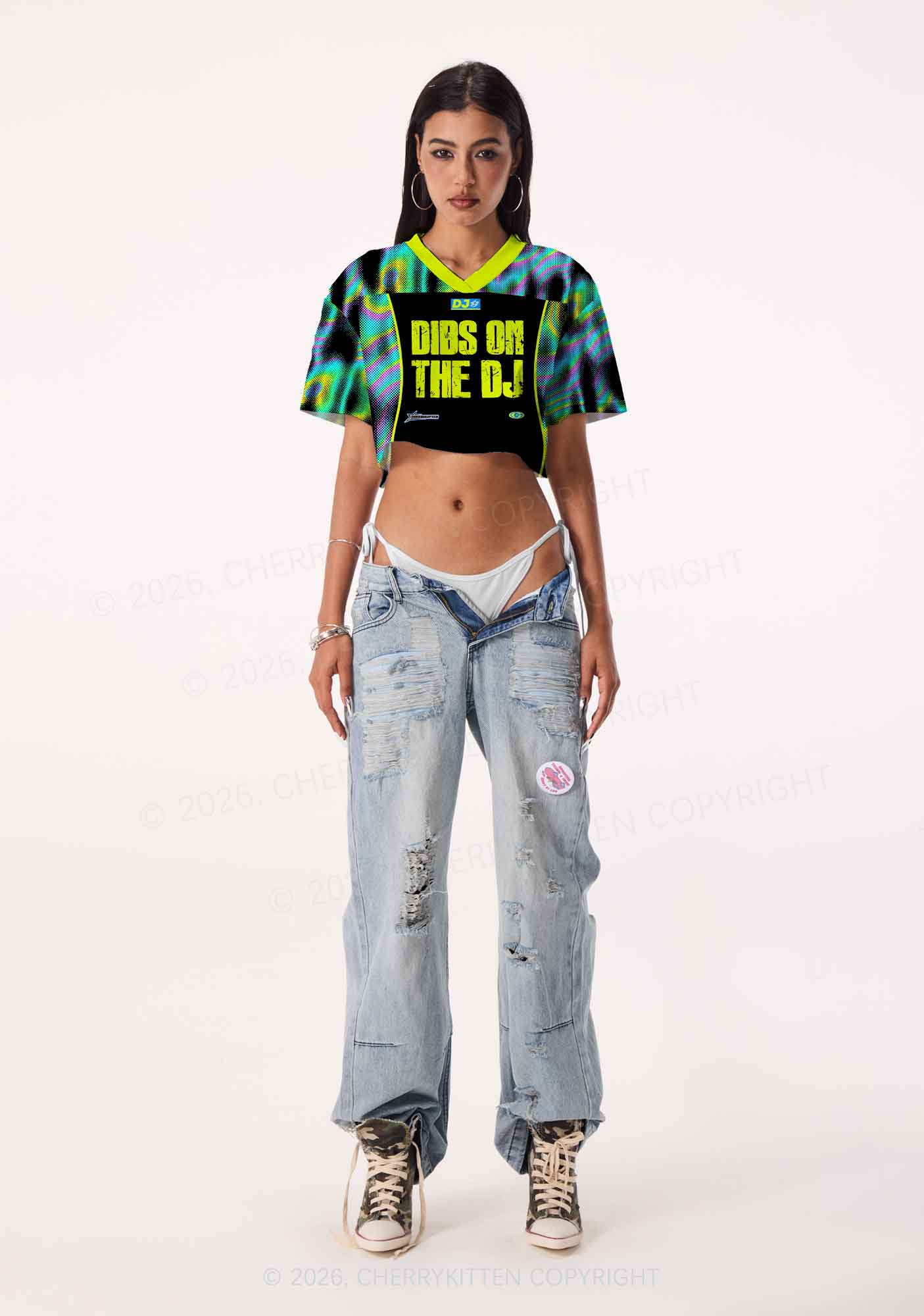 Neon Dibs On The DJ Y2K Crop Sport Jersey Shirts Cherrykitten