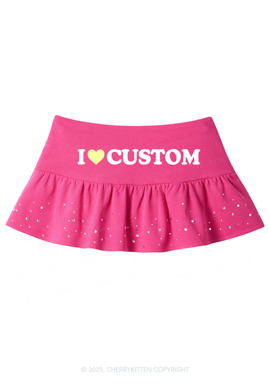 I Love Custom Valentine's Day Y2K Pink Ruffled Rhinestone Mini Skirt Cherrykitten