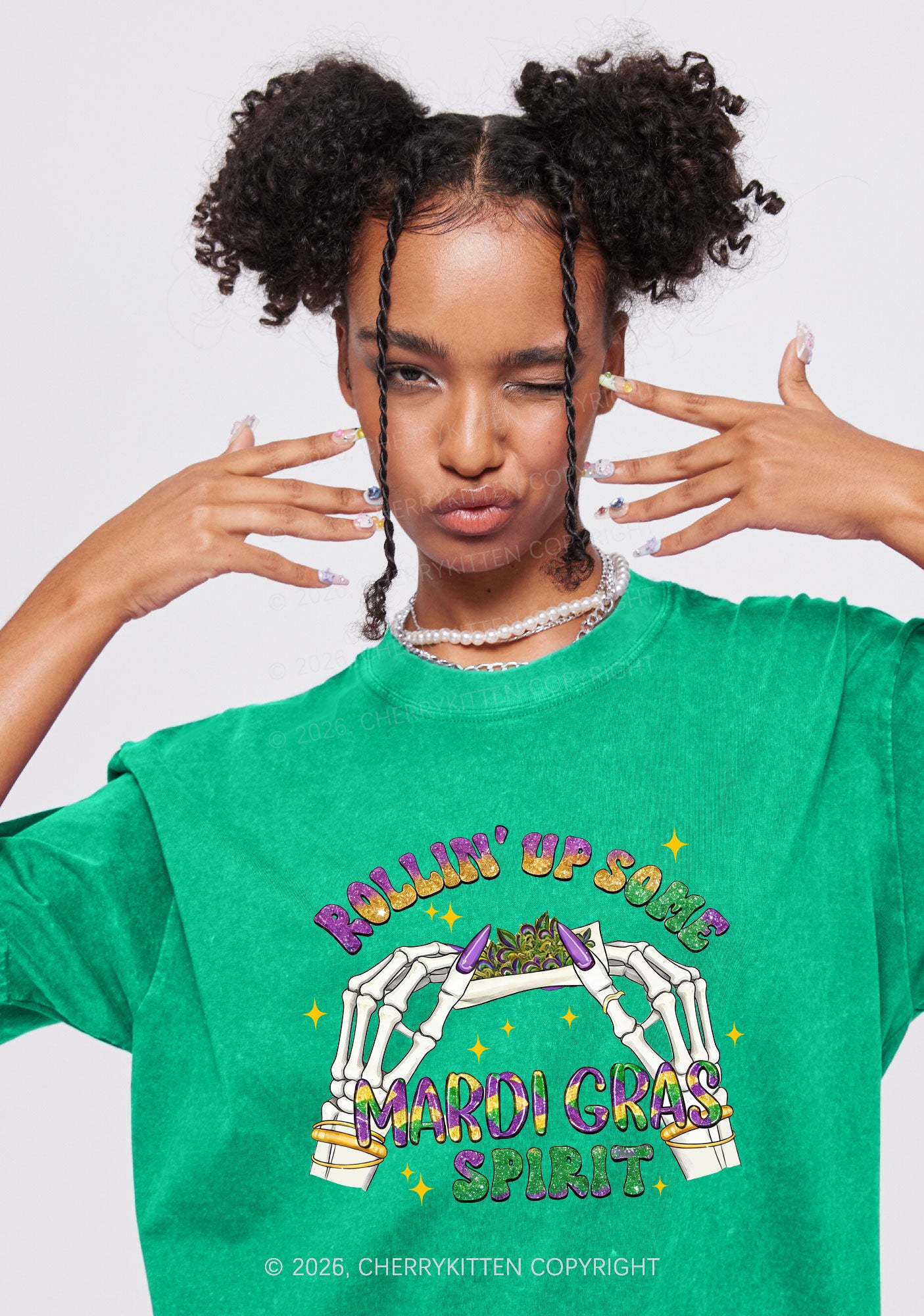 Rollin Up Mardi Gras Spirit Y2K Shirts Washed Tee Cherrykitten