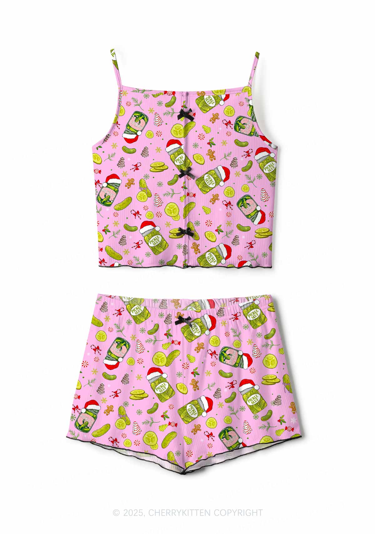 Christmas Santa Hat Pickle Y2K Print Cami Shorts Pajama Set Cherrykitten