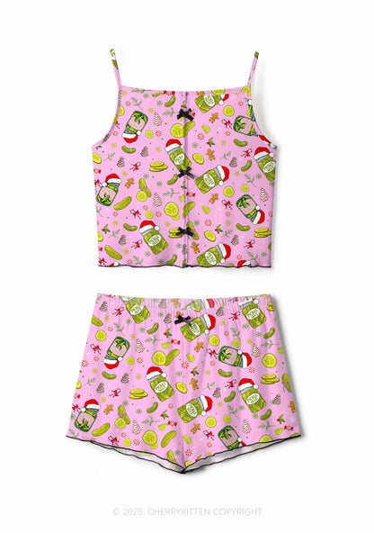 Christmas Santa Hat Pickle Y2K Print Cami Shorts Pajama Set Cherrykitten