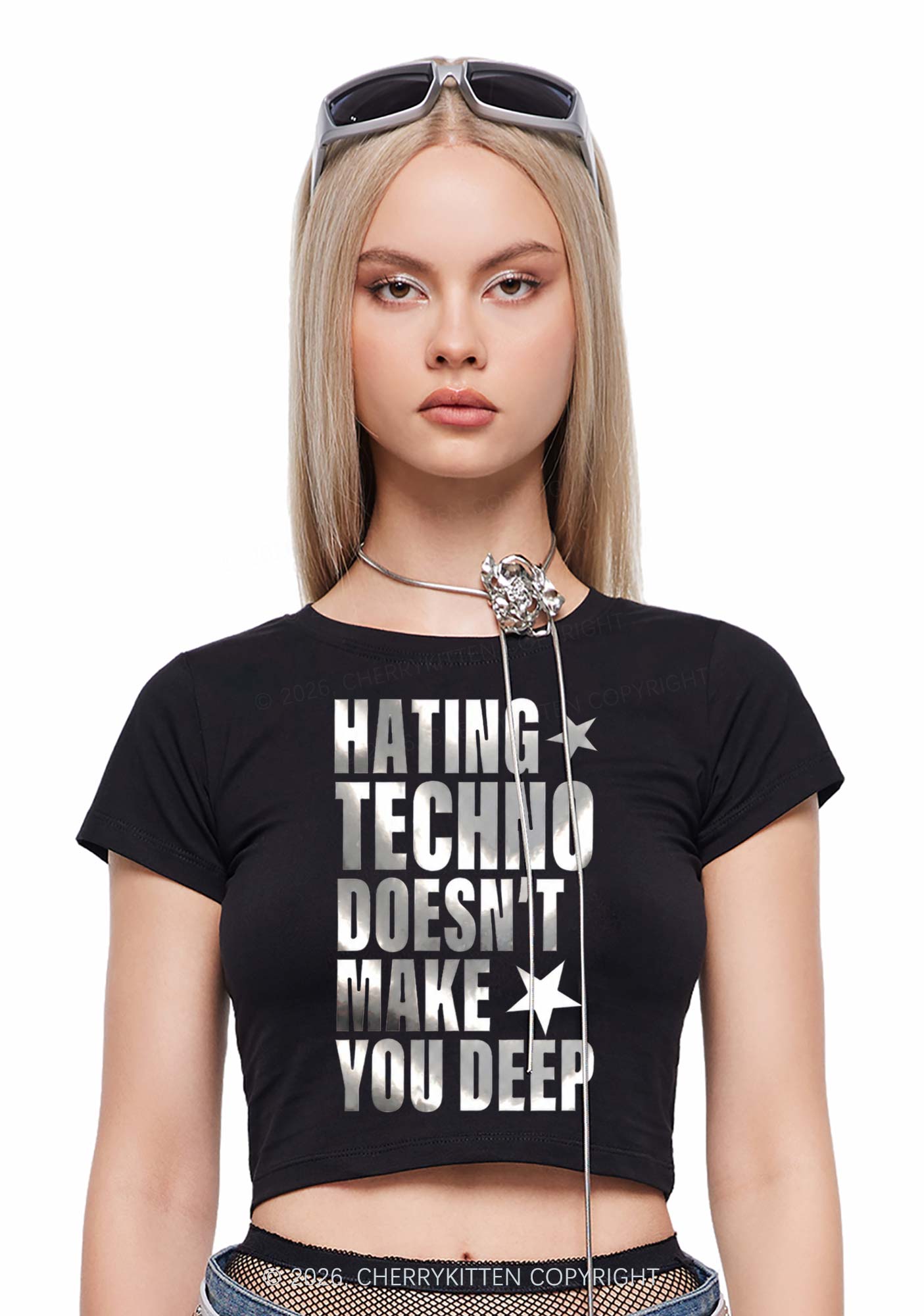 Hating Techno Silver Foil Printed Y2K Baby Tee Cherrykitten