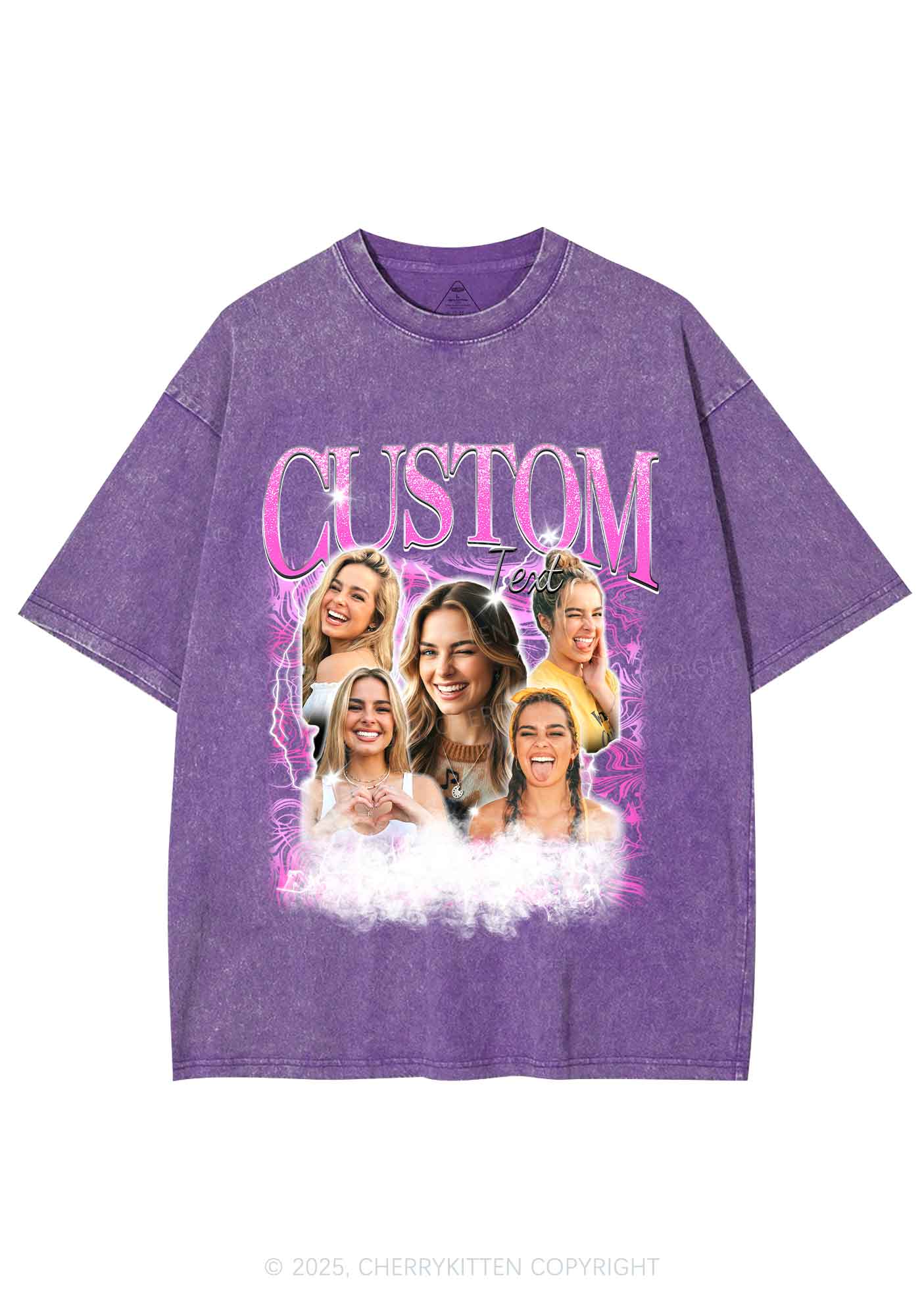Custom Portrait Glitter Text Y2K Shirts Washed Tee Cherrykitten