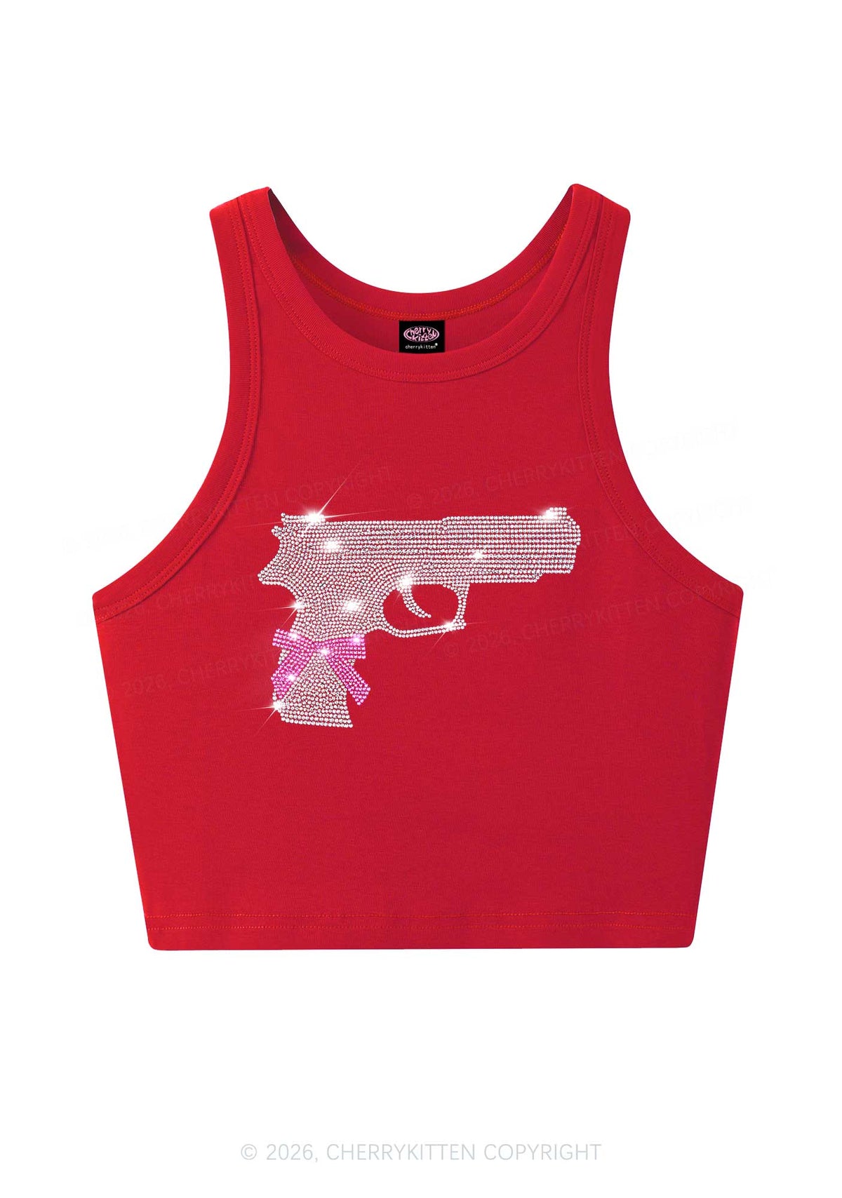 Rhinestone Pink Bow Weapon Y2K Crop Tank Top Cherrykitten