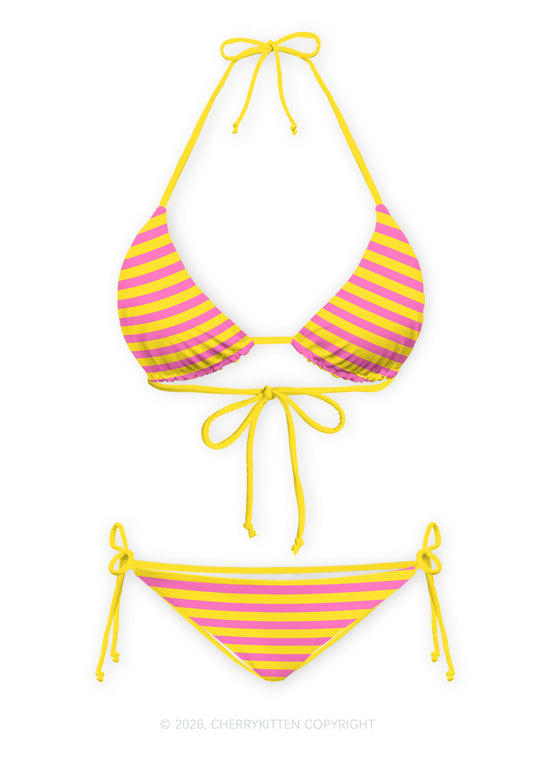 Pink And Yellow Stripes Y2K Print Bikini Set Cherrykitten
