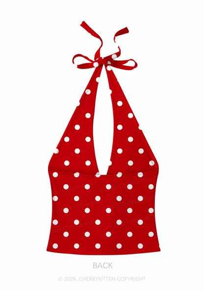 Classic Red Dots Y2K Print Halter Deep V Neck Cami Cherrykitten
