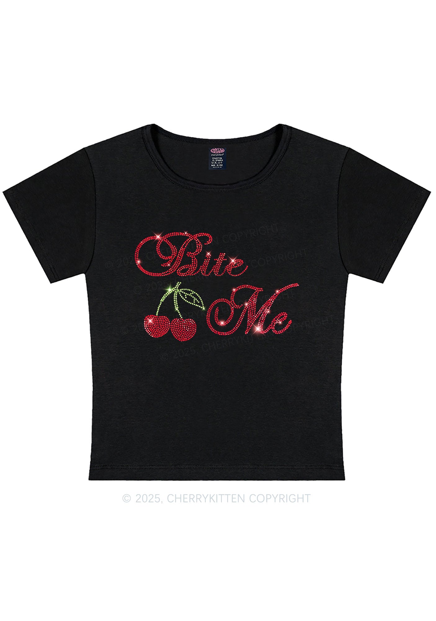 Curvy Rhinestone Red Cherry Bite Me Y2K Baby Tee Cherrykitten