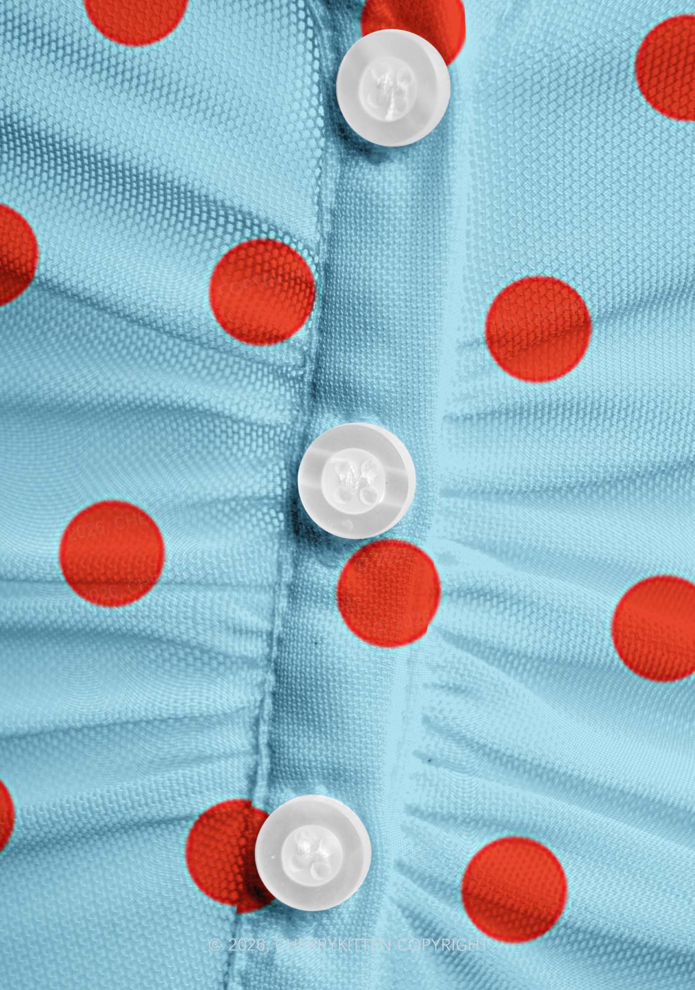 Red Dots On Blue Y2K Mesh Ruched  Waist  V Neck Top Cherrykitten